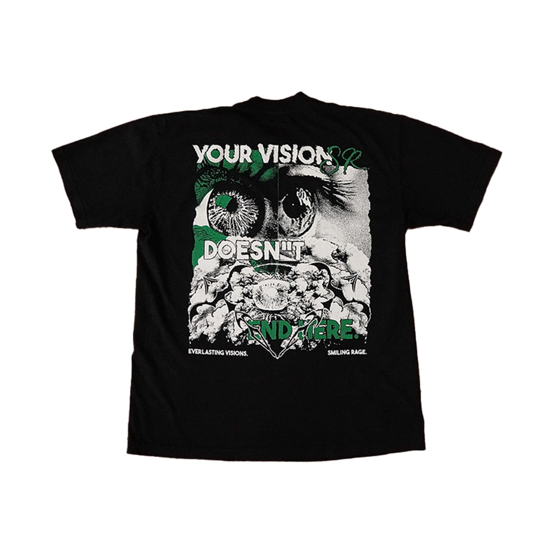  A fashionable black "SMILING RAGE" tee with an expressive green design. A fashionable black "SMILING RAGE" tee with an expressive green design.