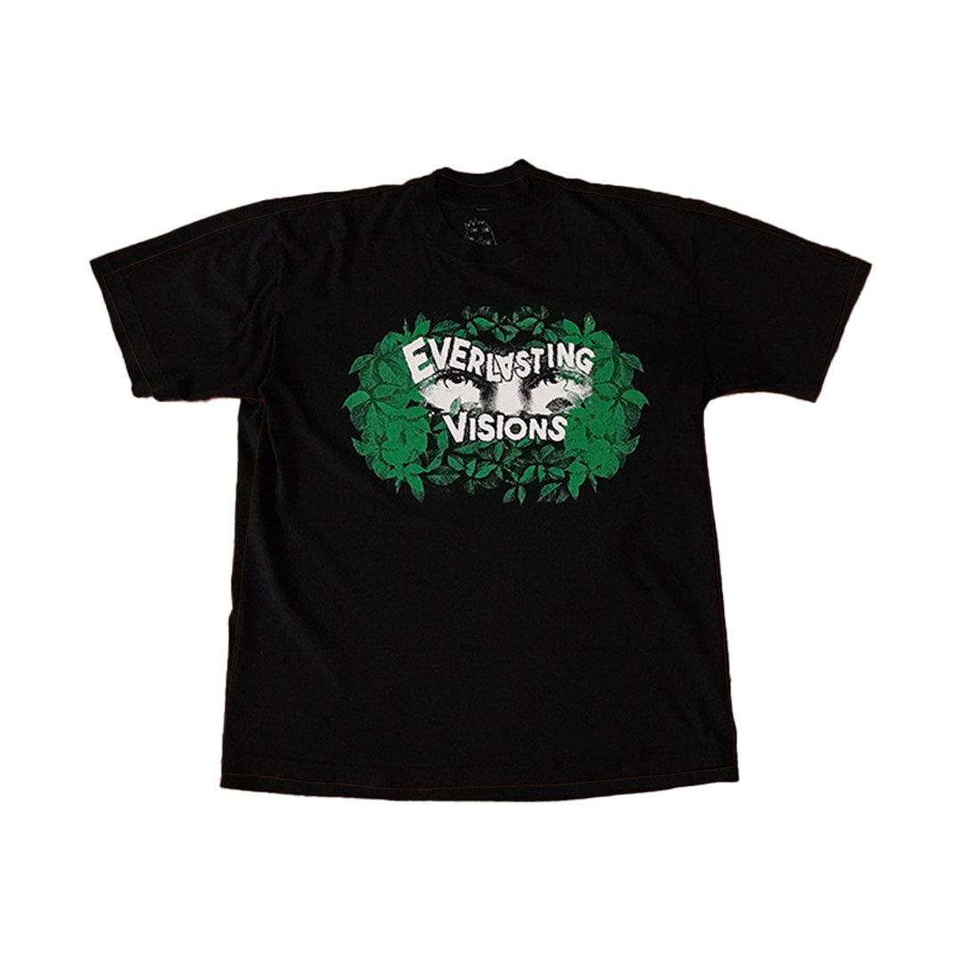  A fashionable SMILING RAGE black "EVERLASTING VISIONS" tee with an expressive green design. A fashionable SMILING RAGE black "EVERLASTING VISIONS" tee with an expressive green design.